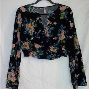 Xhilaration Black Floral Crop top w/ Bell sleeves